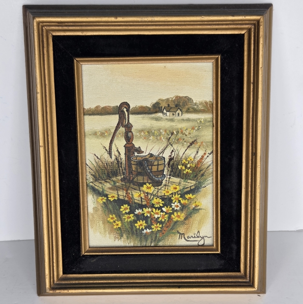 VTG Landscape Oil Painting Countryside Water Well Yellow Daisies Framed Marilyn - Picture 8 of 8